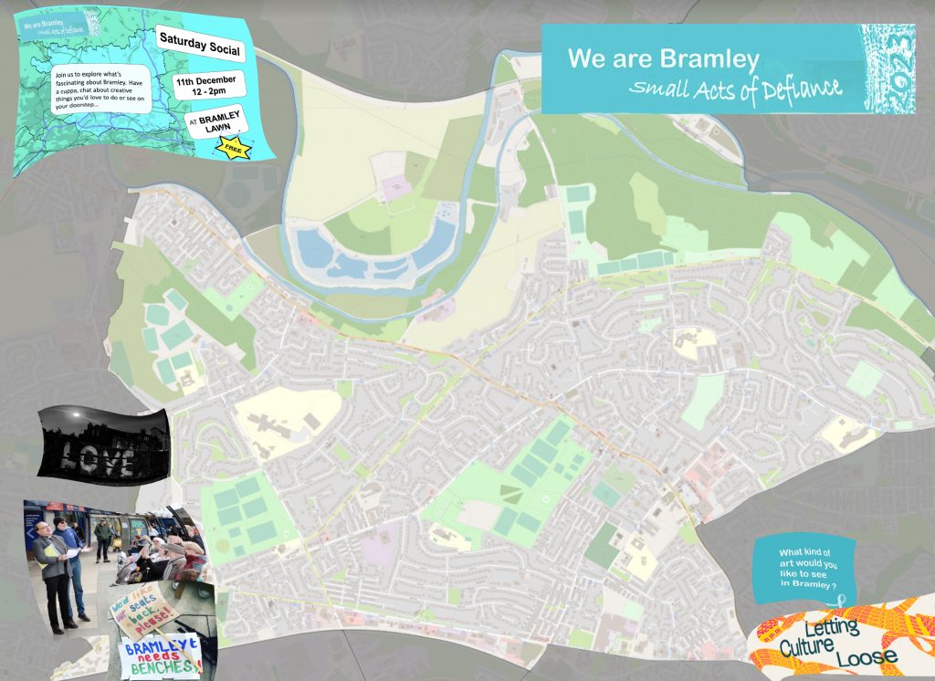 Map of Bramley and Stanningley 

On image is images that refer to the project we are bramley and small acts of defiance theme. A wall with the word love on. As well as a picture of people at bramley shopping centre  with a sign saying we'd like our seat back and bramley needs benches